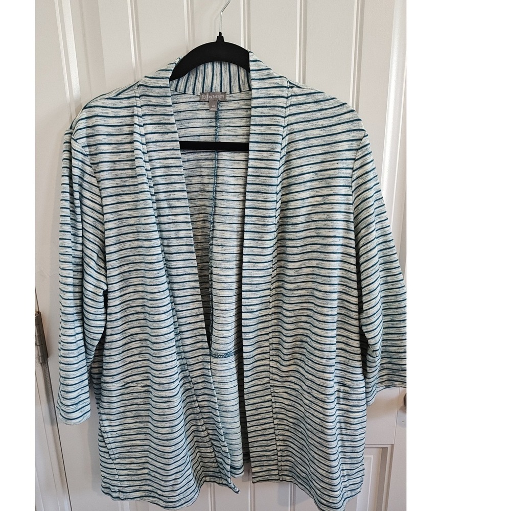 Women 2X T by Talbots Striped Open Front Cardigan Blue White Coastal Pockets